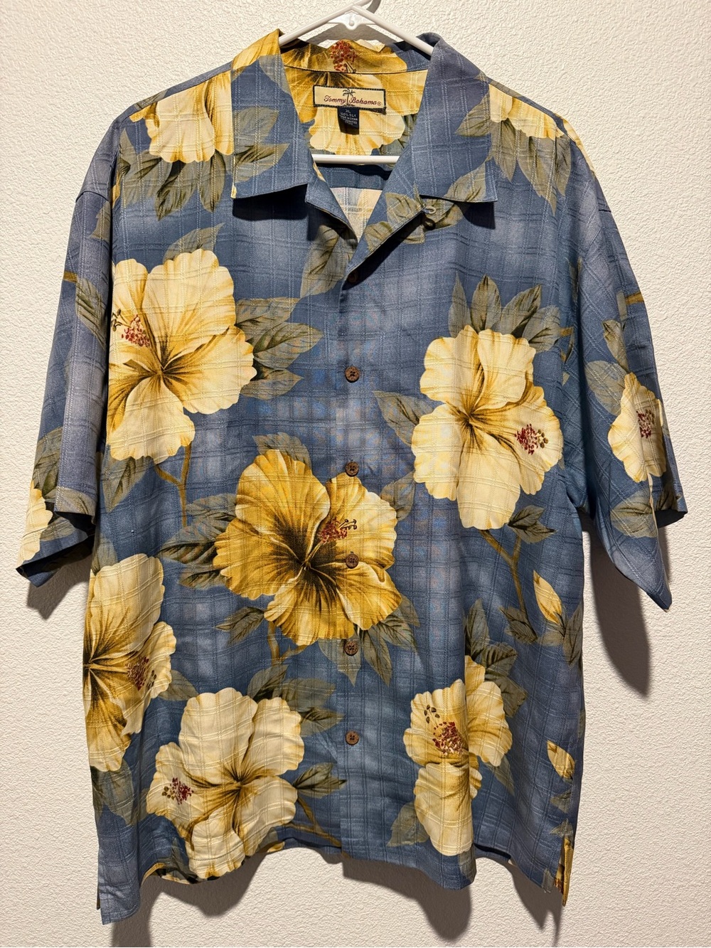 Tommy Bahama Blue Short-Sleeve Hawaiian Shirt with Yellow Floral Print